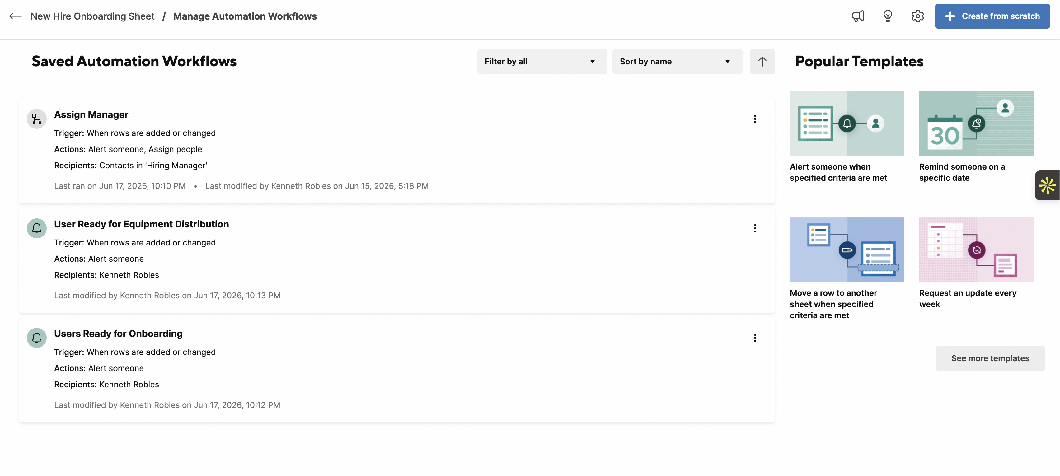 Smartsheet Saved Automation Workflows panel showing the 'Assign Manager' rule — triggered when rows are added or changed, with actions to alert someone and assign people, sending notifications to contacts in the Hiring Manager column