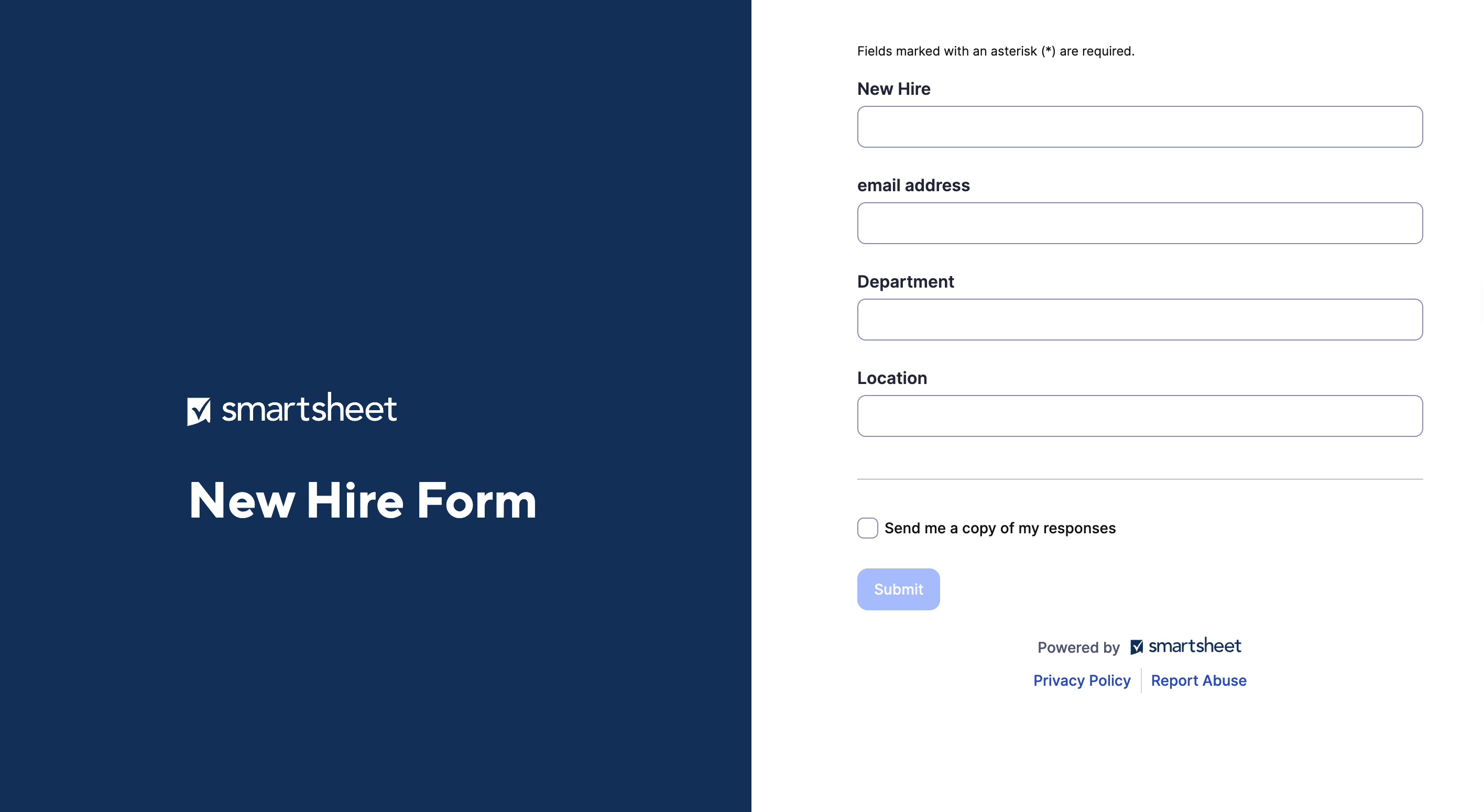 Smartsheet New Hire intake form with four fields — New Hire, email address, Department, and Location — displayed on a branded Smartsheet form page with a navy left panel