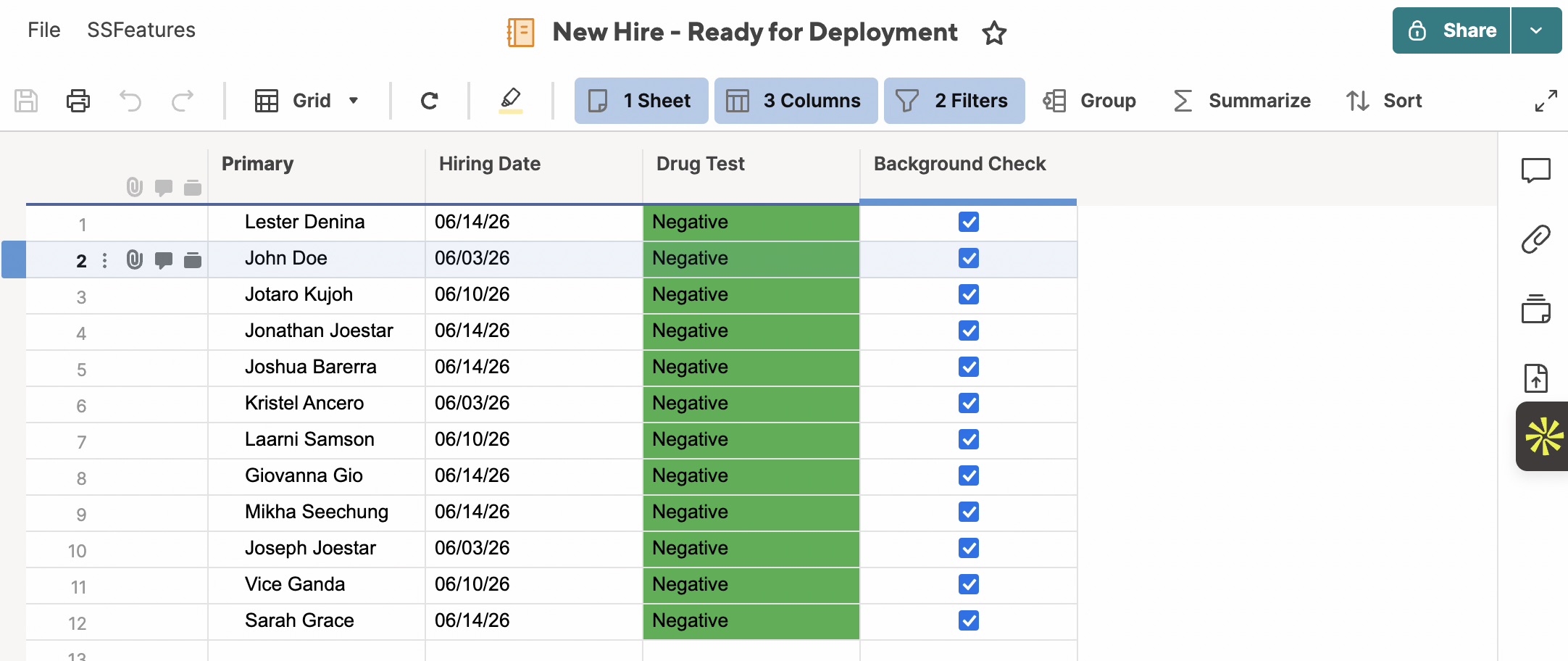 Smartsheet report titled 'New Hire - Ready for Deployment' with 2 active filters applied, showing a trimmed-down view with three columns — Primary, Hiring Date, Drug Test, and Background Check — displaying only the rows ready for the next stage