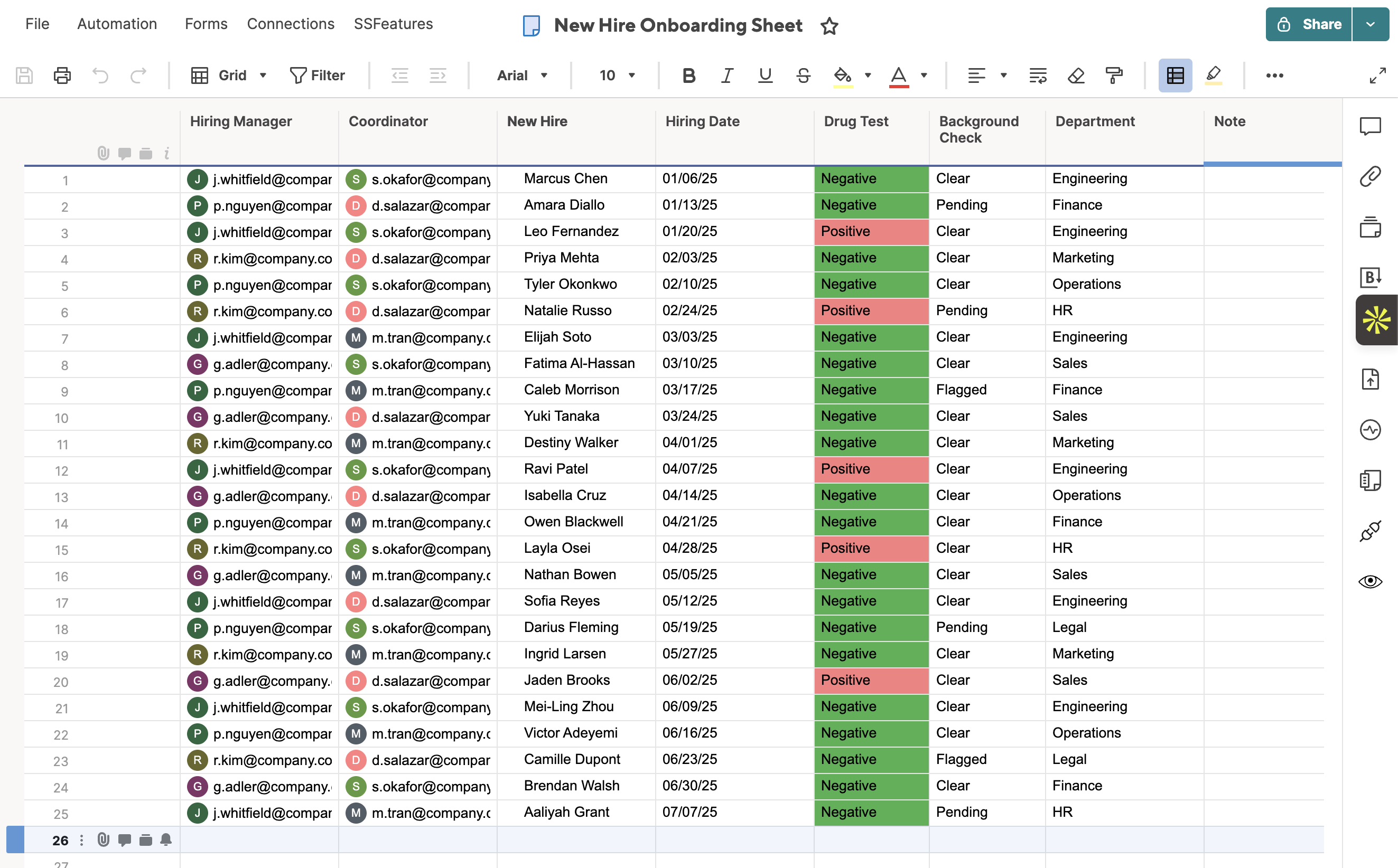 Smartsheet master onboarding sheet titled 'New Hire Onboarding' showing columns for Hiring Manager, Coordinator, New Hire, Hiring Date, Drug Test, and Background Check — Drug Test results are color-coded green for Negative and red for Positive