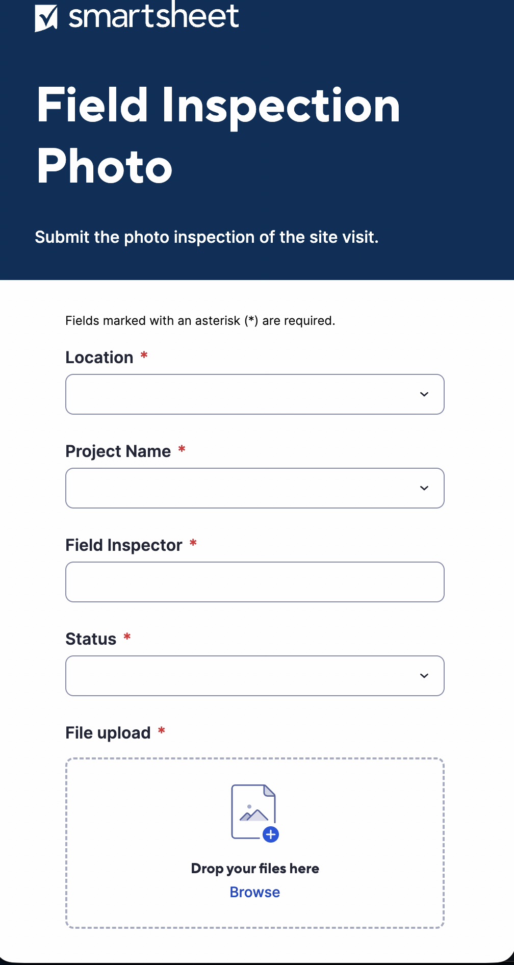 Smartsheet form builder showing a required File Upload field for photo attachments mapped beneath the Site name and Crew Member name questions — internal tracking columns hidden from the form