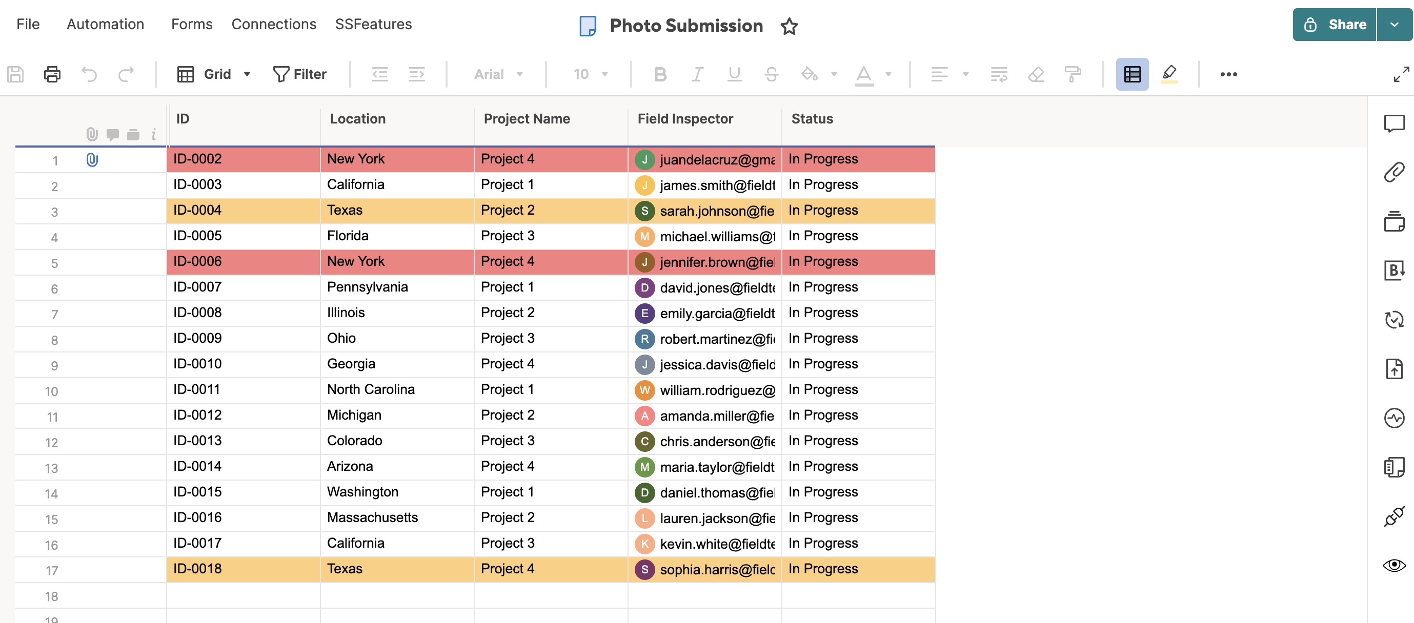 Smartsheet destination sheet with labelled columns for site or job name, crew member name, date, status dropdown, and photo classification — one column per piece of context required on every photo submission